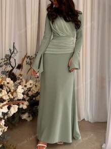 1pc Pea Green Elegant Wedding Guest Long Dress With Long Sleeves For Women,Modest