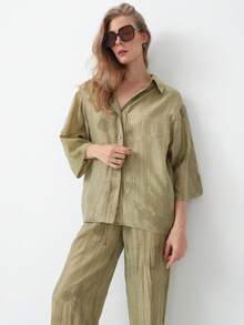 HZXVIC 女士新款秋季扎染休闲度假翻领衬衫配抽绳腰带高腰裤套装 春季 - 橄欖綠 - 查看 2