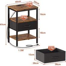 Mesita de Noche, Buró para Recamara, Vintage con Estación de Carga, 3 Niveles de Almacenamiento, 1 Cajones, Puertos USB y Tomas de Corriente - Buró Multifuncional para Dormitorio y Sala de Estar - Negro - Ver 3