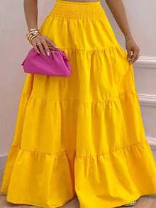 ZIAI Bộ đồ 2 món thời trang mùa hè 2025 mới dành cho nữ, gồm váy hai dây cạp trung, kiểu dáng xòe, họa tiết bắt mắt. - Màu vàng - Xem 4