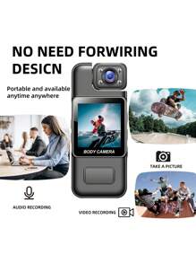 1pc Wearable Camera 1080P HD With 180° Rotatable Lens, LCD Display & Night Vision - Portable USB Rechargeable Body Camera For Security, Sports, Travel, Vlogging, Daily Life - Auto Focus, TF Card, 1000mAh Battery