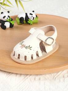 1 Pair Girls Embroidered Printed Hook & Loop Design Flat Sandals Princess Shoes, Suitable For Spring, Autumn And Summer - White - View 5