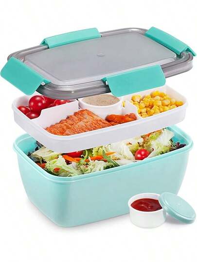 1 Set Ensaladera Multifuncional - Incluye Ensaladera Grande, Bandeja Bento, Compartimento Hermético para Salsa, Tapa Sellada y Tenedor, Apto para Almuerzos Saludables de Adultos; Apto para Lavavajillas/Microondas, Artículos Esenciales de Cocina, Regalo de Navidad, Cabe Todo
