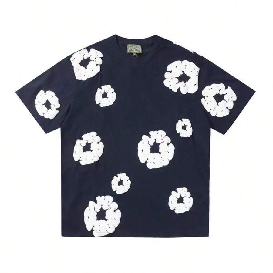 New Men's Women's Same Casual Loose Kapok Foam Printing Short-Sleeved T-Shirt With Shorts Set Floral All Over Print Casual Vestidos De Verano - 藏青短袖 - 查看 1