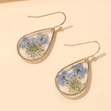 A Pair Of Real Flower Drop Glue Forget Me Not Water Drop Earrings, Suitable For Women's Daily Wear