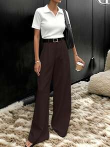 Freeform 春季女士高腰宽松商务休闲优雅度假白色长裤，韩版风格，无腰带（建议选小一码）夏季 - 深棕色 - 查看 3
