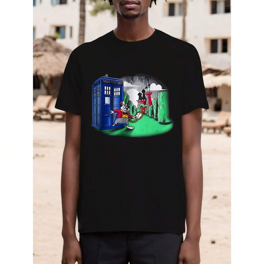 Most Popular ". Who In Wonderland" Graphic Tee - Funny Cotton T-Shirt With TARDIS & Dalek Design, Casual Round Neck, Short Sleeve For Men & Women - Perfect For Sports & Outings - Black - View 1