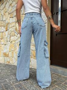 Wide Leg Cargo Jeans Cute Pocket Pants Women's Street Fashion Premium Cotton Fabric NEW Elegant Casual Wide Leg Jeans - 淺色水洗藍 - 查看 3