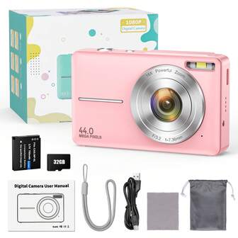 STUOGYUM 4400万像素1080P高清数码相机，16倍数码变焦，适合Vlog拍摄，2.4英寸液晶显示屏，可充电，青少年及摄影新手适用的专业摄影相机，包含32GB存储卡和相机包，支持拍照、录像和网络摄像头功能，是感恩节、圣诞节和新年的理想礼物（黑色、粉色、绿色）
