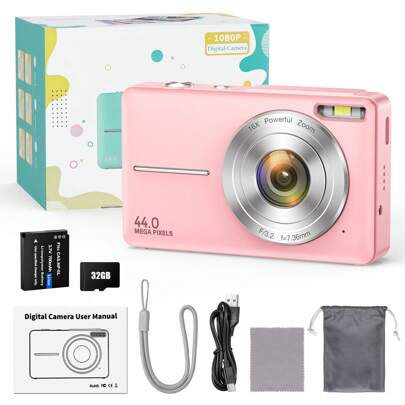 STUOGYUM Cámara digital STUOGYUM DC403 de 44MP y 1080P HD con zoom digital 16X, cámara para vlogging con pantalla LCD de 2.4", recargable, cámara profesional para adolescentes y principiantes, con tarjeta de 32G, compatible para tomar fotos, grabar videos y usar como webcam, ideal como regalo para Acción de Gracias, Navidad y Año Nuevo (Negro, Rosa, Verde)