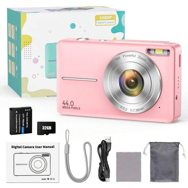 STUOGYUM Cámara digital STUOGYUM DC403 de 44MP y 1080P HD con zoom digital 16X, cámara para vlogging con pantalla LCD de 2.4", recargable, cámara profesional para adolescentes y principiantes, con tarjeta de 32G y bolsa de cámara, compatible para tomar fotos, grabar videos y usar como webcam, ideal como regalo para Acción de Gracias, Navidad y Año Nuevo (Negro, Rosa, Verde)