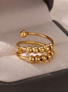 1 pieza Anillo abierto de doble capa con cuentas esféricas de moda para mujer, color dorado, acero inoxidable con diseño geométrico, joyería de fiesta de Hip Hop, regalo