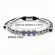 Luxury Men's Bracelet With 6mm Blue Cubic Zirconia Microbeads, Stainless Steel Round Beads Friendship Bracelet - Bạc - Xem 3
