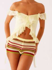 Women Off Shoulder Tops Ruffle Trim Solid Color Backless Showing Navel Shirts Summer Streetwear - Yellow - View 2