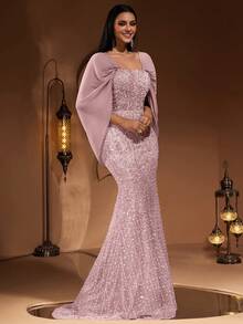 Đầm maxi đuôi cá tay bồng sang trọng, cao cấp, đính sequin, ren và voan, kiểu dáng thời trang mới dành cho nữ, thích hợp cho tiệc tùng, thảm đỏ, đám cưới, cô dâu, hoặc dịp Lễ Tình nhân mùa xuân. - Màu Hồng baby - Xem 8