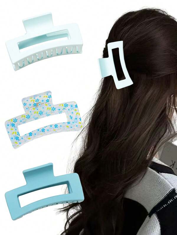 3pcs/Set Summer Light Blue Floral Transparent Print Square Hair Clips, Cute & Elegant For Half-Up Hairstyle, High Ponytail, Bun, Casual Outings, Party, Holiday, Valentine's Day, Graduation, Thanksgiving, Practical Gift Hair Claws Claw Clips Hair Jaw Clip Hair Clamps Hair Clutch Hair Catcher Clip