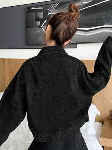 超大牛仔夹克，宽松秋季休闲牛仔外套，女士短款，百搭上衣 - 黑色 - 查看 7