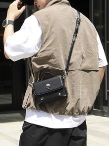 peach tree Men's Business PU Waterproof Skull Head Messenger Bag, Crossbody Bag, Shoulder Bag, Small Square Bag, Suitable For Business Travel Pouch Waterproof Backpack Festival Valentine's Day Valentine'S Day Phone Bag - Black - View 3