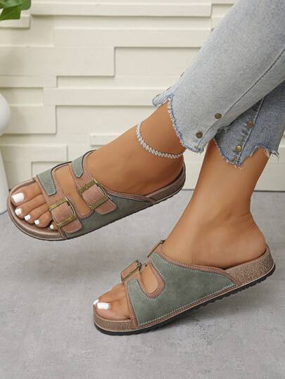 Adjustable Buckle Slip-On Flat Sandals, Casual Fashion, Suitable For Indoor/Outdoor, Leisure, Teens, Unisex, Women, New Style, Outdoor, Sports, Beach