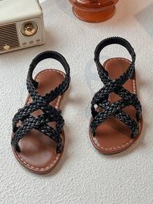"1 Pair Of Black Vintage Woven Sandals For Boys And Girls 3-12 Years Old | Elastic Drawstring Breathable Woven Park/School/Beach/Outdoors/Party/Show All Right!" - Black - View 2