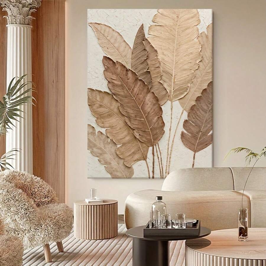 Neutral Toned Dried Tropical Leaf Canvas Wall Art - Boho Minimalist Nature Print, Earthy Neutral Home Decor For Living Room Bedroom, Organic Textured Botanical Poster, Warm Beige-Tone Natural Artwork, Ready-To-Hang Rustic Chic Decor For Cozy Contemporary Interiors - 棕色 - 查看 1