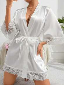 1pcWomen's Black New Long Sleeve Casual Comfortable Breathable Sexy Tie Home Bathrobe,Four Seasons Home Bathrobe,Summer Bathrobe,Autumn Bathrobe,Winter Bathrobe Back To School - White - View 4