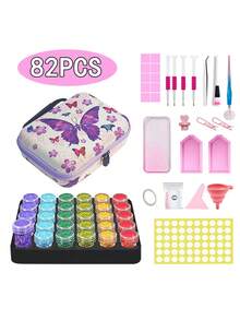 204 piezas Caja de almacenaje y kit de herramientas completo para pintura de diamantes DIY - Bolsa de almacenaje con mariposa, que incluye bandeja de color degradado, bolígrafo rodante, set de bolígrafos para aplicar los puntos, múltiples botellas de almacenaje, embudo, pegatinas, etc. Mejor regalo festivo para principiantes en manualidades y aficiones - Multicolor - Ver 14