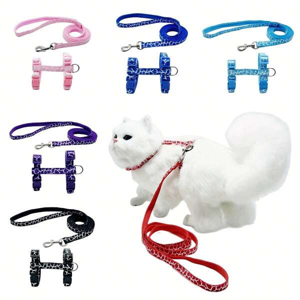 1pc Adjustable Cartoon-Print Cat Harness With Leash - Escape-Proof, Soft Polyester Chest Strap In Pink, Blue, Purple, Red For Small Pets, Cat Harness And Leash