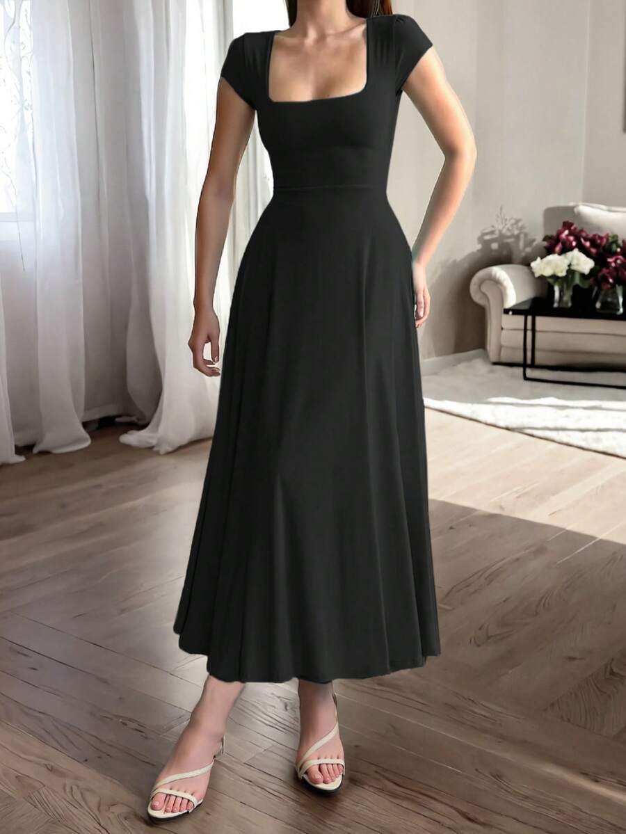 Glamful Elegant Commute Casual Basic Elegant Solid Color Knit Fabric Drawstring Summer Dress - Hitam - View 1
