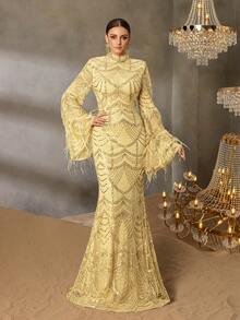 Elisanya Luxury Beaded Bodycon Mermaid Hem Maxi Dress Gown With Stand Collar & Flare Sleeves - Elegant Golden Sequin Dress For Formal Events & Red Carpet & Gala Nights - Gold - View 5