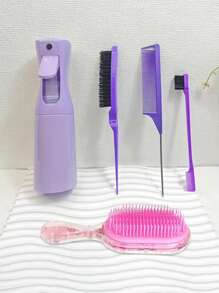 5pcs/Set Transparent Square Spray Bottle, Comb, Children's Cartoon Unicorn Design Detangling Comb, Mini Massage Brush, Hair Brush Set - Random Color
