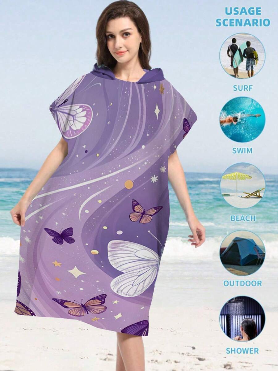 1pc Butterfly Print Purple Metallic Poncho - Ultra-Soft Microfiber Hooded Butterfly Pattern, Suitable For Boys, Girls, Couples - Beach & Home Decor, Couples Cloak | Microfiber Robe Back To School