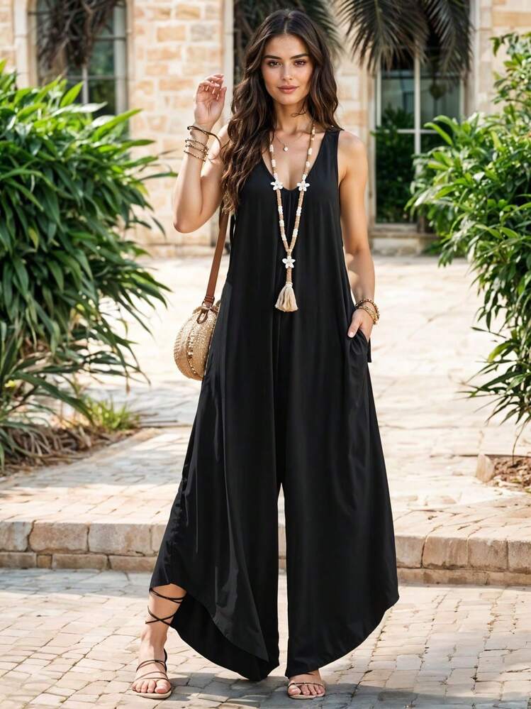 Mono de Piernas Anchas con Abertura Asimétrica y Cuello en V Casual para Mujer - Negro - Añade 1