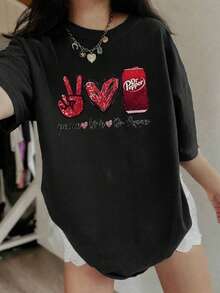 1 Pack Girls Casual Printed Crew Neck Short Sleeve T-Shirt Summer Student Youth Clothing - màu đen - Xem 1