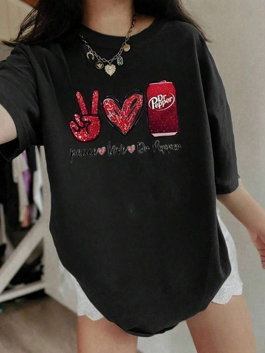 1 Pack Girls Casual Printed Crew Neck Short Sleeve T-Shirt Summer Student Youth Clothing - màu đen - Xem 1