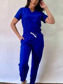 Uniformes Quirurgicos Filipina Cuello V Jogger Scrub Pijama Liso Casual Suave Quirurgicos - Azul rey - Ver 4