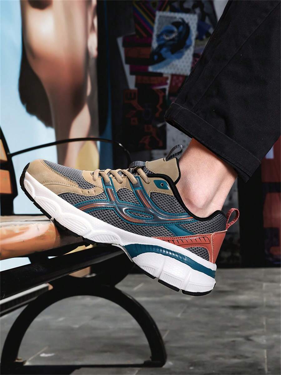 Plus Size Men's Casual Sneakers, Low-Top Rubber Sole Mesh Shoes, Fashion Street Style Breathable Training Shoes 2000s Style Valentine's Day Ideas - Khaki - View 1