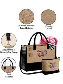 Maestra 主题手提包和化妆包套装，包括一个托特包和一个零钱包、手提包、单肩包、大容量亚麻购物袋、心形图案