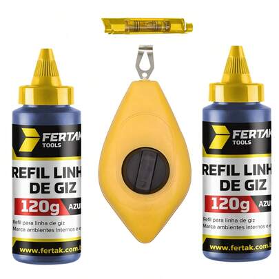 Kit Jogo Marcação Linha Giz 15m Azul Pedreiro Gesseiro Com Nível + Refil Azul 120g