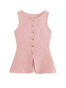 Vintage Chic Fashionable Elegant Metal Button Open Front Solid Color Sleeveless Round Crew Neck Business Jacket Work Waistcoat Slim Modest Minimalana Casual Top Tank Knit Vest Sweater For Women - 粉色 - 查看 4