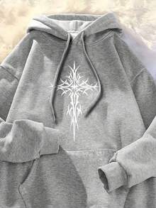 Kangaroo Print Sweatshirt Stylish Casual Elegant All Season Comfortable Sweatshirt With Adjustable Drawstring Hood - Xám - Xem 2