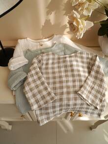 3pcs/Set Baby Boy Spring Summer Double Gauze Cotton Muslin Tops, Baby T Shirt Clothes Baby Boy Plaid - Multicolor - View 6