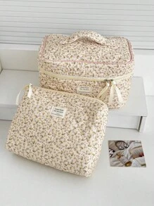 1 Pink Cosmetic Bag, Corduroy Floral Cosmetic Bag, Portable Large-Capacity Storage Bag, Multi-Functional Storage For Wash Bags, Girls' Cosmetic Bags, Cosmetic Storage Bags, Skin Care Cosmetic Bags, Cosmetic Boxes, Cosmetic Bags, Jewelry Storage Bags
