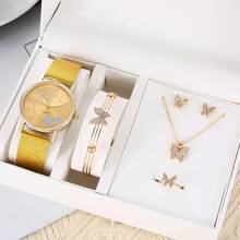 6 Pieces/Set Of Women's Sparkling Heart-Shaped Quartz Watches, Gold Fashionable Wristwatch And Butterfly Jewelry Set, Suitable For Daily Matching, As A Gift For Mom And Her