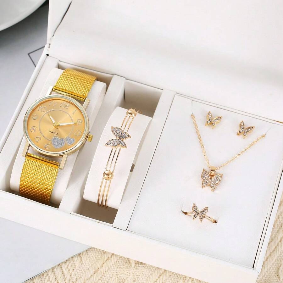6 Pieces/Set Of Women's Sparkling Heart-Shaped Quartz Watches, Gold Fashionable Wristwatch And Butterfly Jewelry Set, Suitable For Daily Matching, As A Gift For Mom And Her