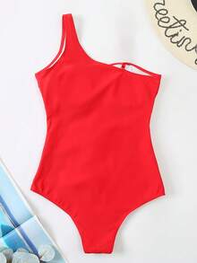 Traje De Baño Mesh Patchwork Sexy De Color Sólido Un Hombro,Traje De Baño Negro Con Un Solo Hombro,De Malla Y Contraste, Para Vacaciones De Verano - Rojo - Ver 4