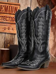 Women's Solid Color Stylish Boots, Pull On Embroidered Comfort Chunky Heel Boots, Point Toe Western Cowboy Boots For Women - màu đen - Xem 2