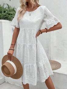 Women's Elegant Embroidered Lace Dress, Loose And Comfortable, Round Neck, Midi Skirt, Suitable For Daily Casual Outings - 白色 - 查看 2