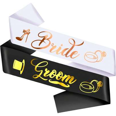 2pcs Bride And Groom Sash Set - Bachelor/Bachelorette Party Sash, Suitable For Bride And Groom-To-Be - Bridal Shower/Wedding Bachelor/Bachelorette Party Decor - Engagement Gift (White, Rose Gold And Black)