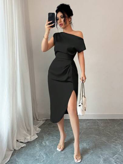 abyoxi Vestido elegante de satén plisado a mano con cuello asimétrico y cintura, color verde salvia, para citas, fiestas de cumpleaños, bodas, invitados, regreso a la escuela, nuevos vestidos para mujer